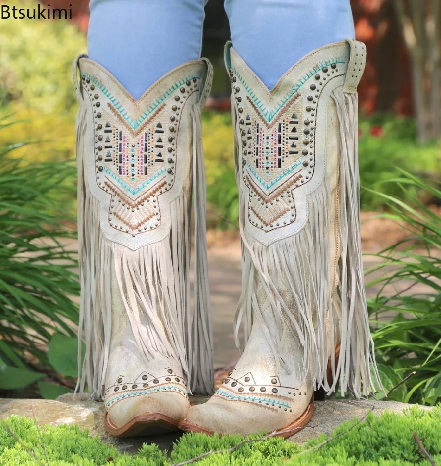 

2025 Women's Ethnic Boots PU Square Heel Square Toe Slip-On British Style Korean Style Retro Mid-Calf Tassel Rivet Womens Shoes