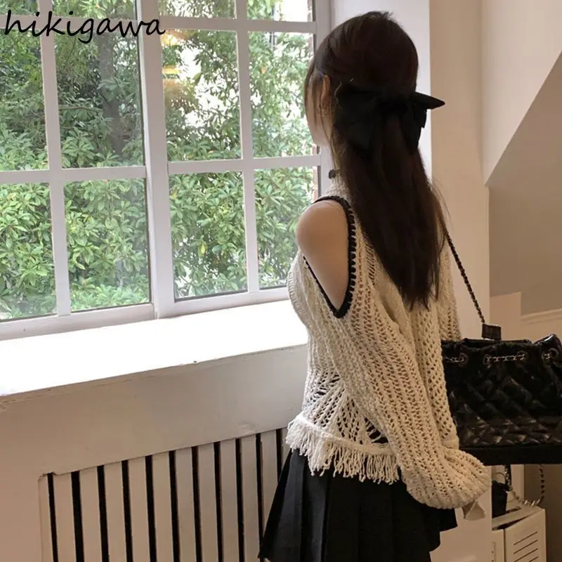 White Long Sleeve Pullovers Women Fashion Korean Jumper Pull Femme Off Shoulder Hollow Out Knitted Thin Sweater Casual Y2k Tops