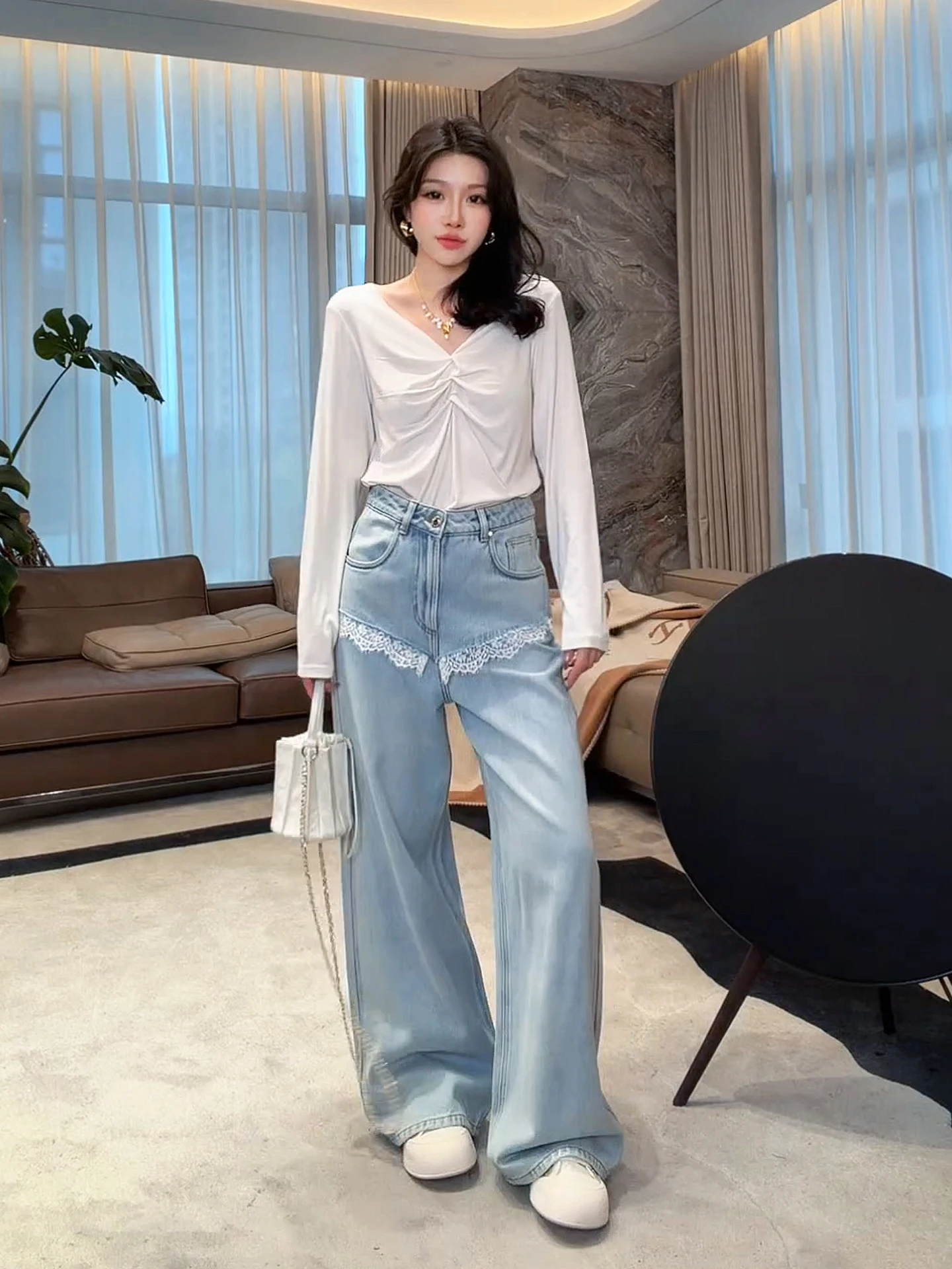

Lao Yang's Personal ME Lace Splicing Blue Jeans Thin Lightweight Mixed High Waist Slimming Versatile Straight Leg Denim Jeans