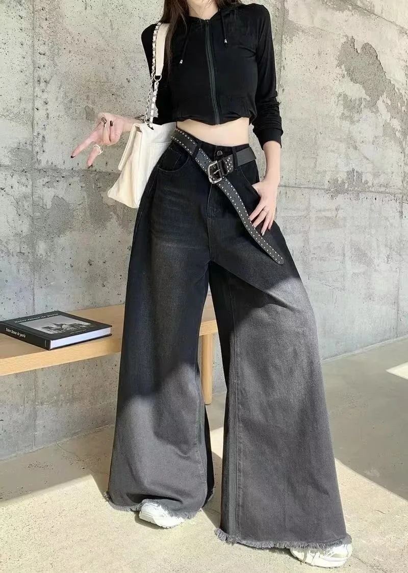 Hot Girl Baggy Woman Pants Y2k Street vintage Washed To Make Old Jeans Straight Wide-Leg Denim Black Gothic Pants For Women