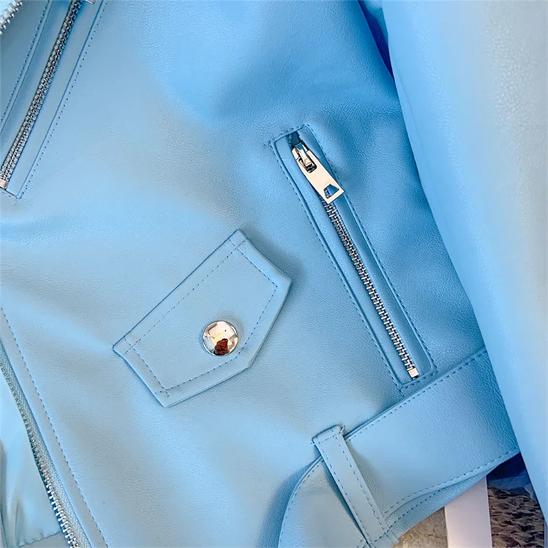 Black White Sky Blue Faux Pu Leather Jacket Women Slim Short Coat With Belt Lapel Long Sleeve Spring Autumn Female Streetwear