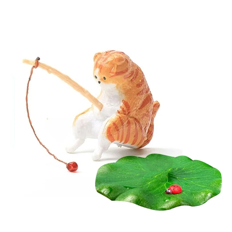 

652F Resins Aquariums Landscaping Ornaments Fishing Cats and Ladybird Leaf Sculptures for Home Desktop Decors and Gift Giving
