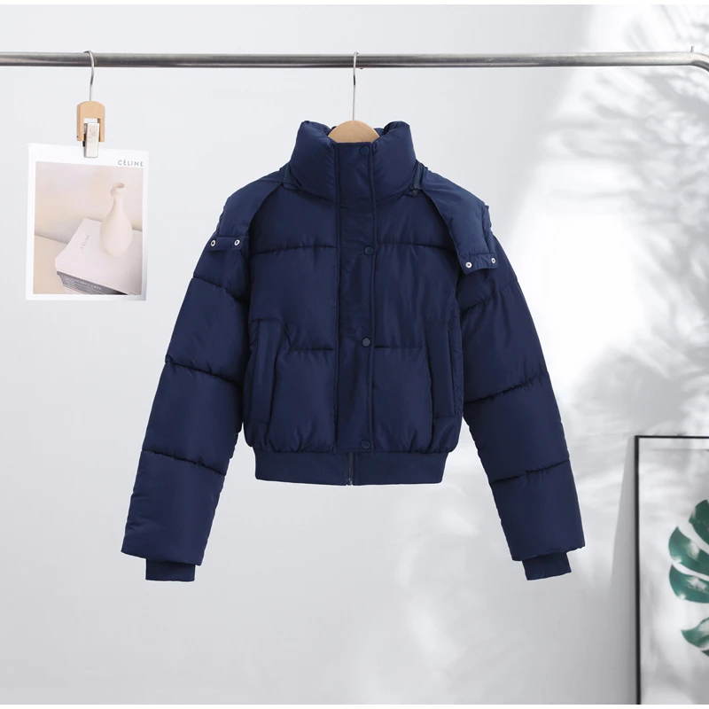 Women's Cropped Puffy Jacket Detachable Hood Drawstring Waist Drop Shoulder Long Sleeve Loose Padded Winter Down Jackets