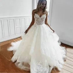 A-Line White Tulle Appliques Bridal Dress Spaghetti Straps Backless Wedding Dresses Lace Ruffled Beach Dress Vestido De Noiva