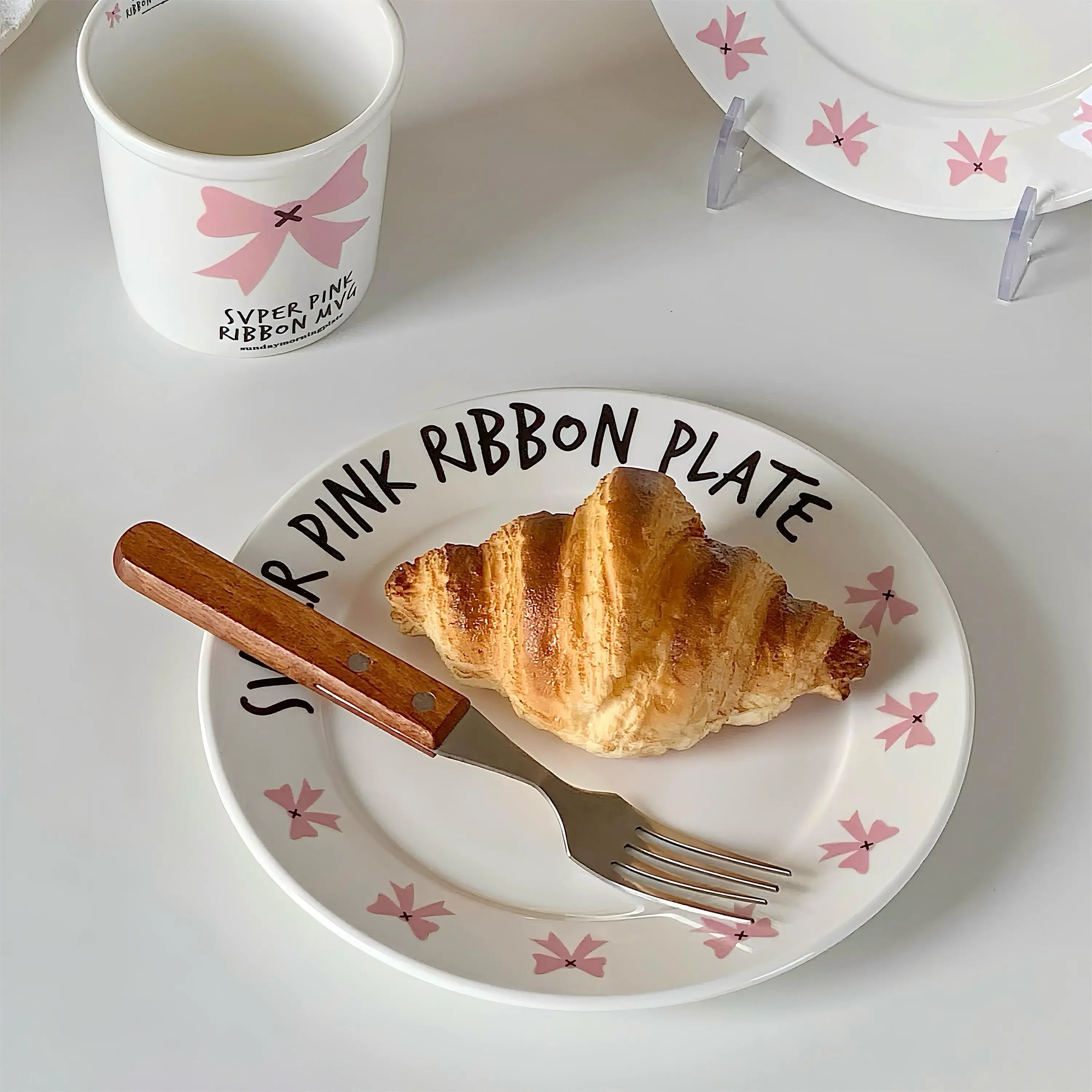 French Alphabet Plate Pink Bow Dessert Plate Home Vegetable Breakfast Plate Cute Ceramic Tableware Flat Dish Set Decoration