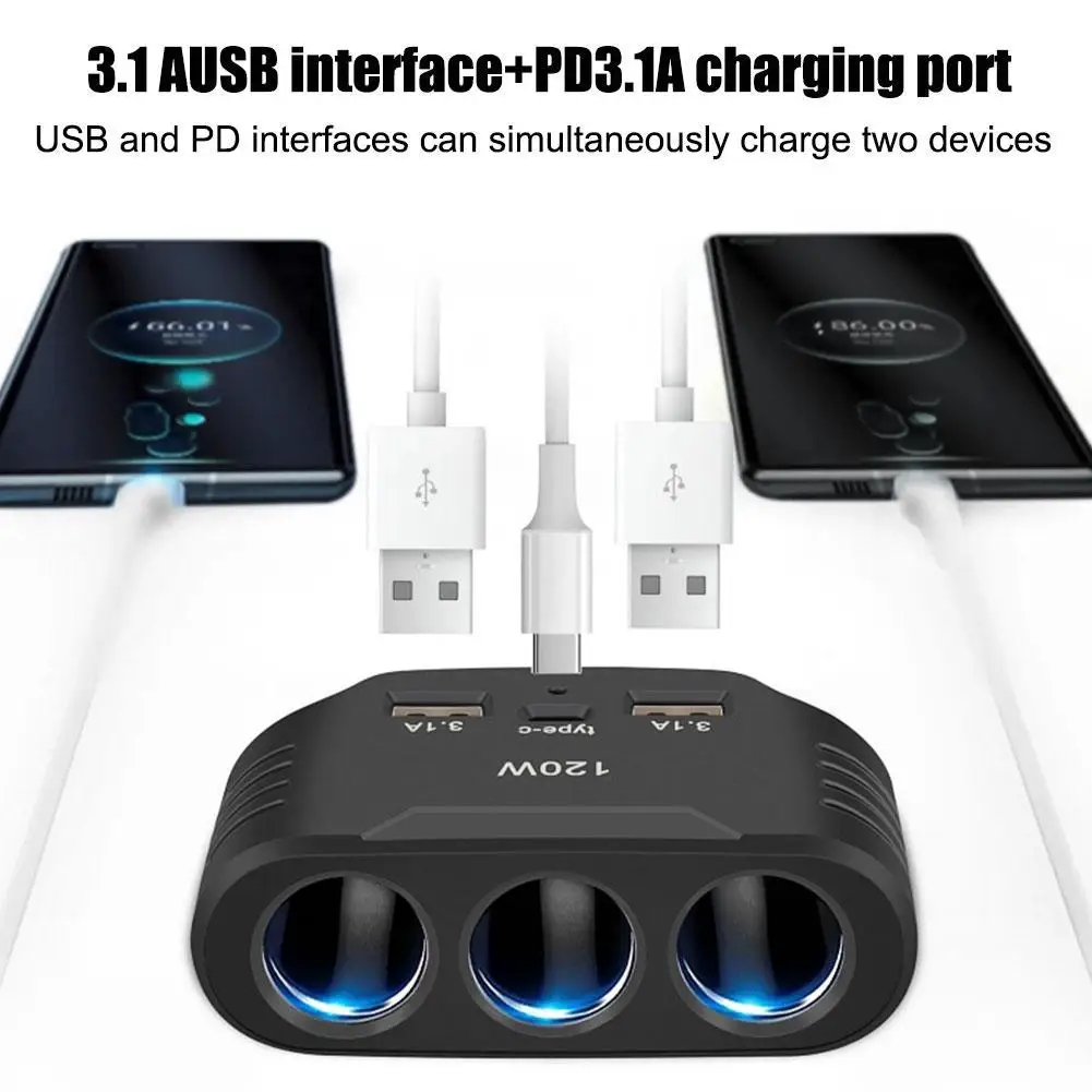 3 in 1 Dual USB Socket 120W Car Cigarette Lighter Splitter 12V 24V Fast Charger Plug Phone Power Adapter for Car DVR
