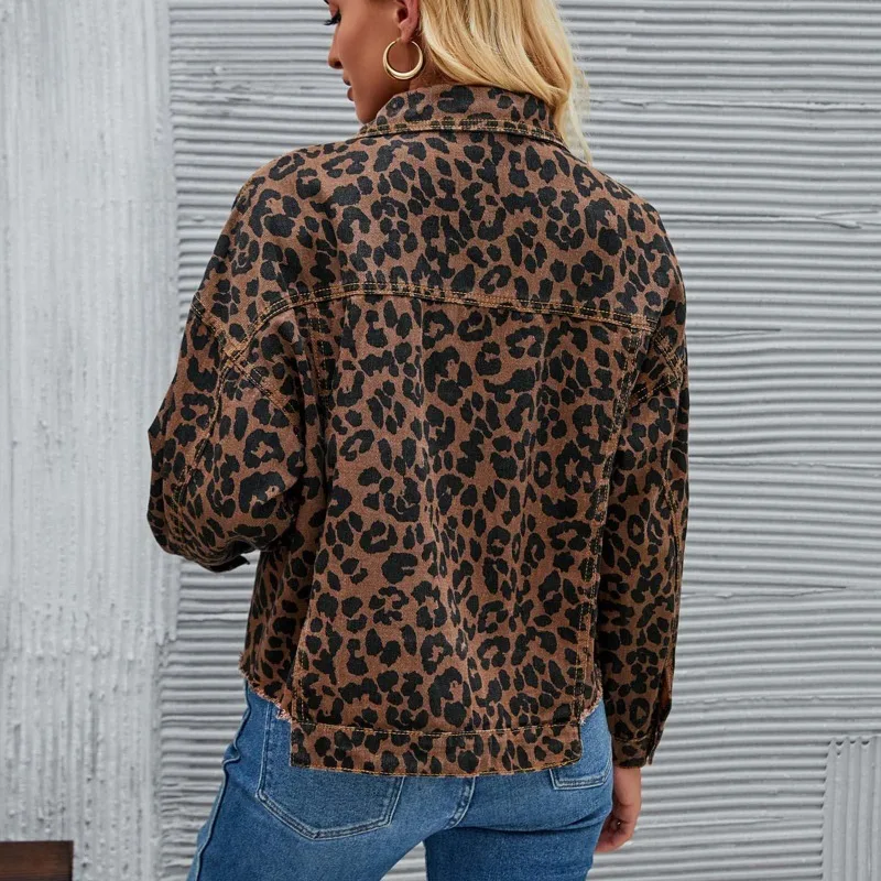 Fashion Leopard Print Tassel Hem Jacket Women Casual Outerwear Female Spring Autumn Lapel Single-breasted Cardigan Denim Coat