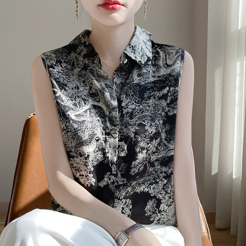 

Summer New Satin Sleeveless Polo Collar Ladies' Shirts Printed With Fashionable Lapels And Thin Coats