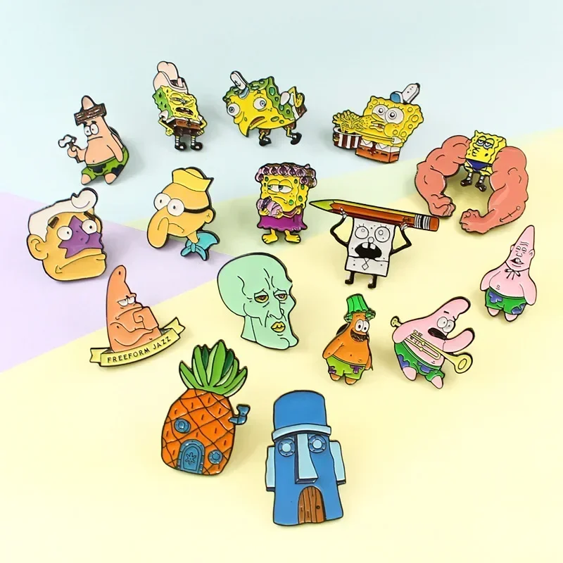 Cute Enamel Pins Brooch Cartoon Anime Sponges-Bobs Badges Denim Lapel Pin Jewelry Accessories Gift for Kids Best Friends