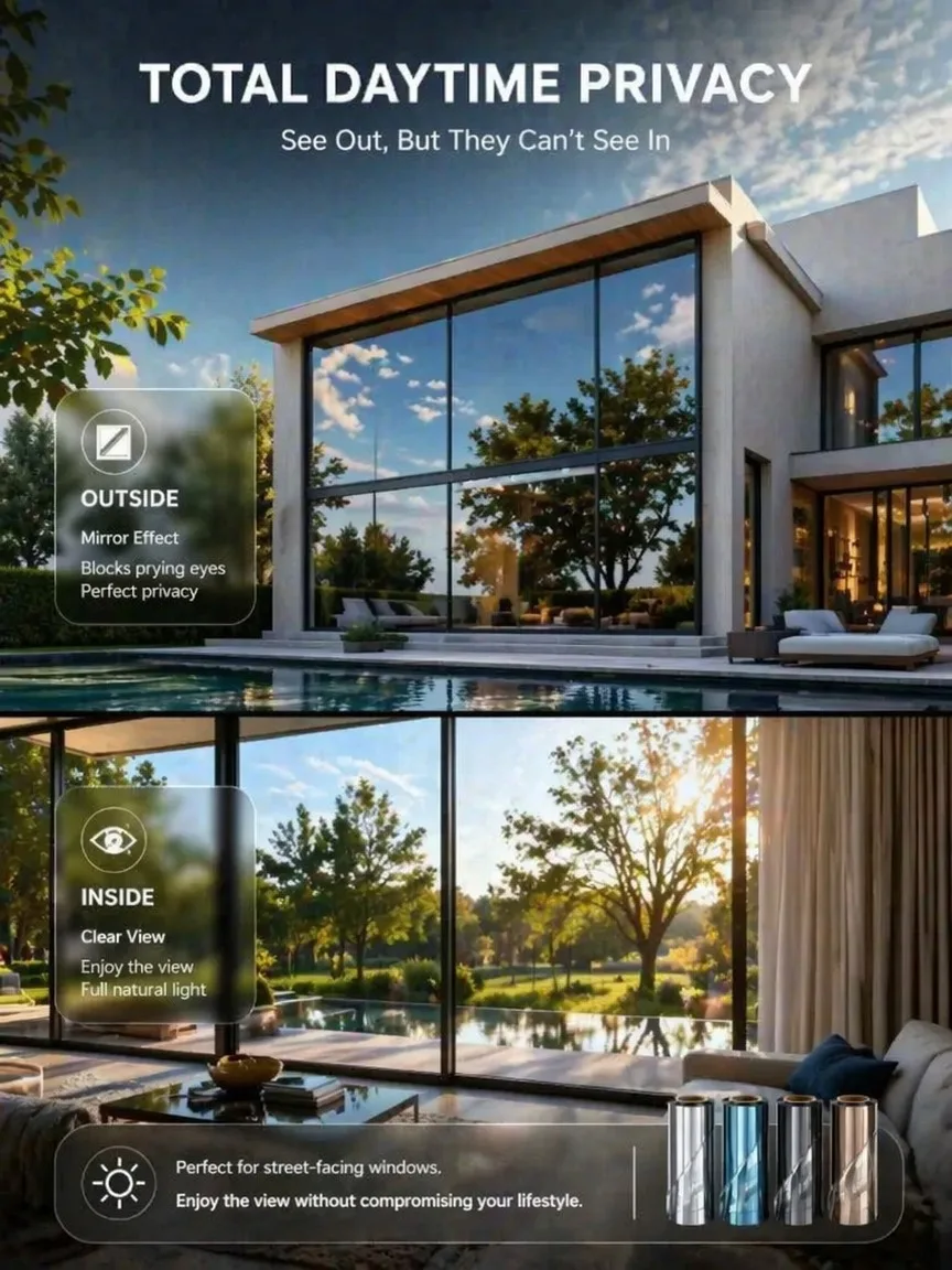 Energy Saving Window Film Self Adhesive Heat Control One Way Mirror UV Block Sun Block for Home Office Glass Door