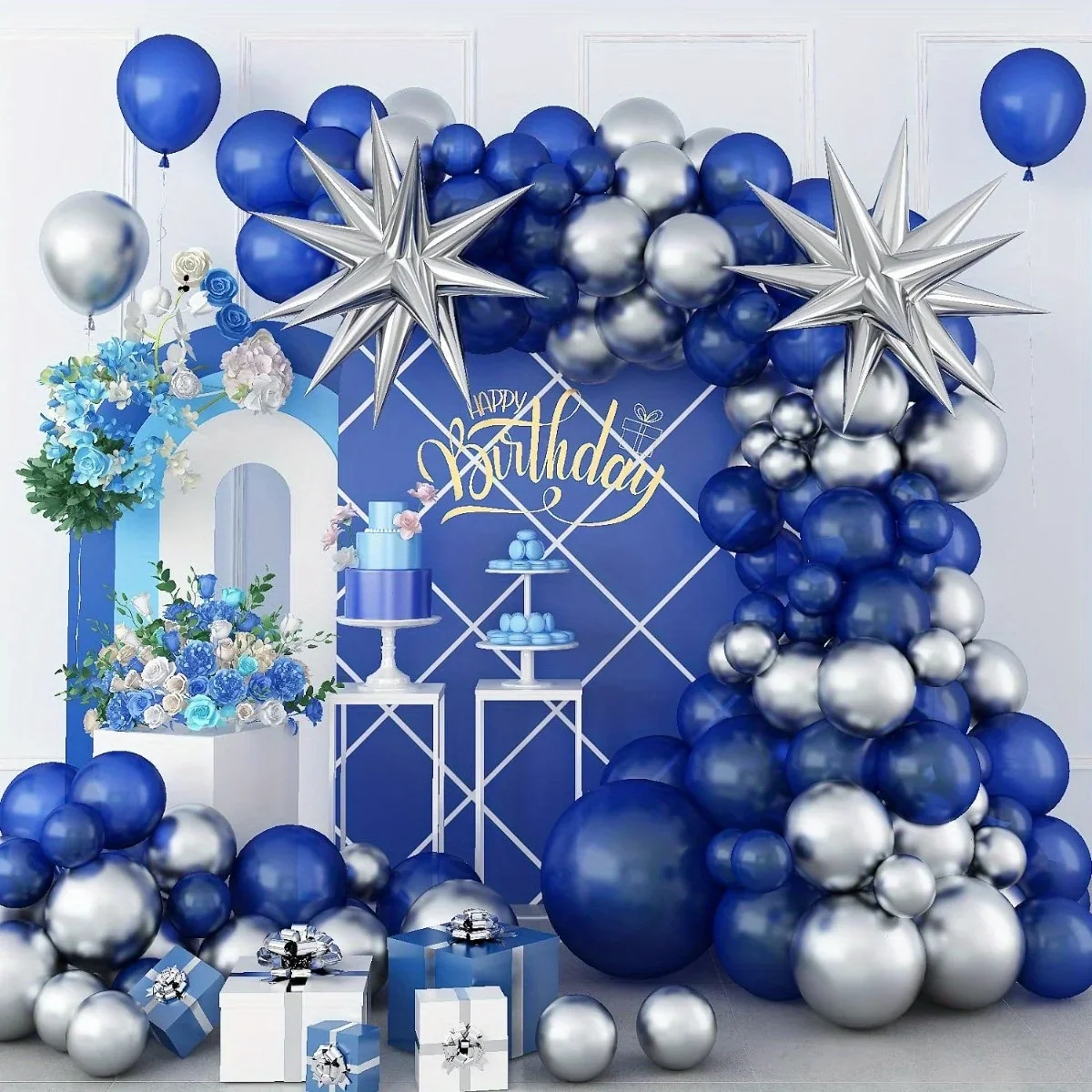 102-teiliges Starburst-Design Blau-Silber Ballon-Set für Geburtstag Hochzeit Babyparty Festival Innen- und Außendekoration