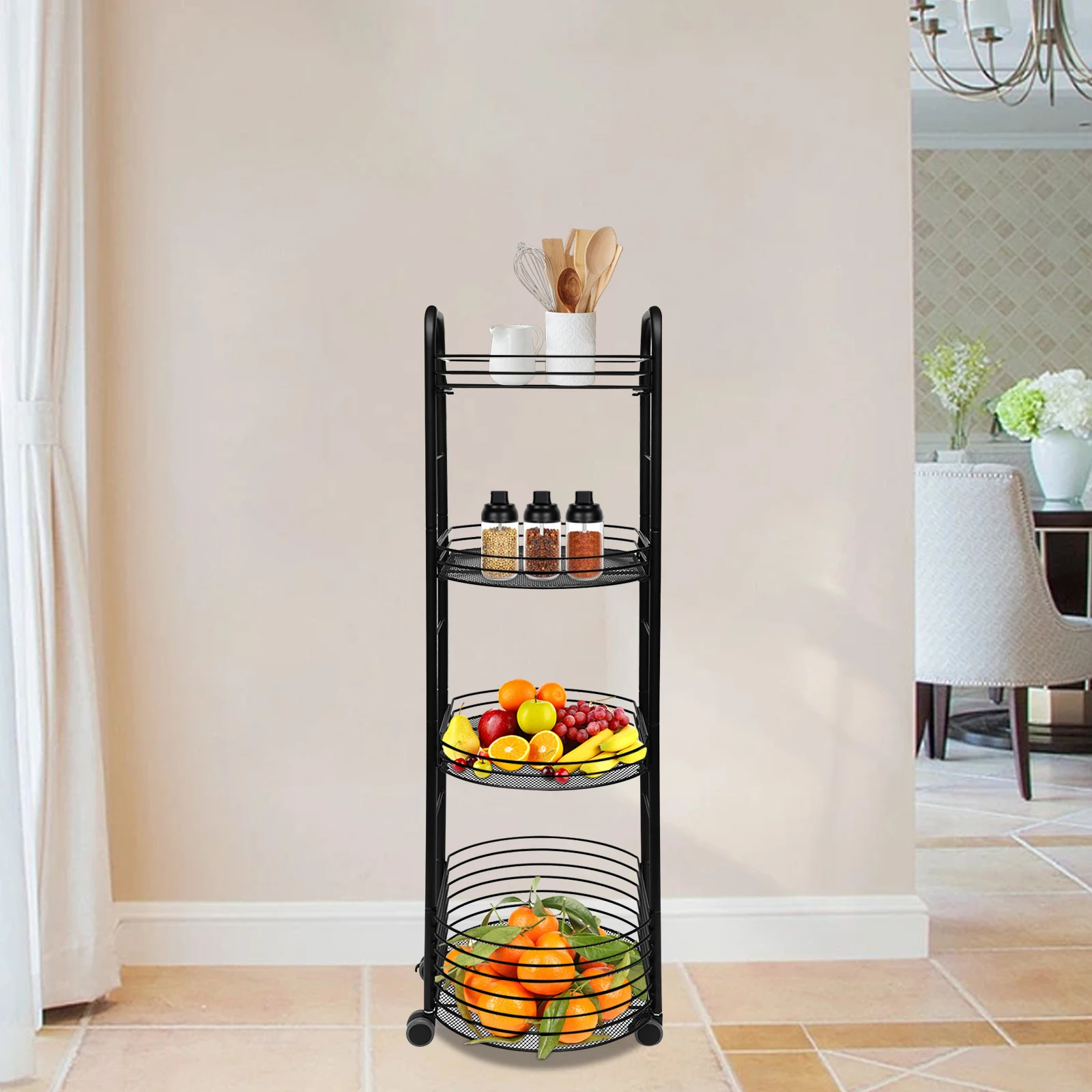 

4-Tier Metal Movable Utility Cart Kitchen Storage Trolley Cart Home Organizer Rotating Storage Shelf Cosmetic Basket Adjustable