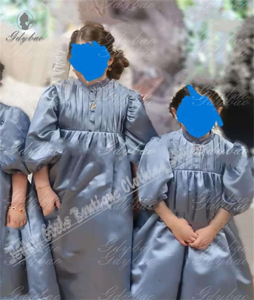 Robes de demoiselle d'honneur en satin blanc pour enfants, robe plissée pour mariage, princesse, tout-petit, reconstitution historique, bouffante, convocation, manches ballon