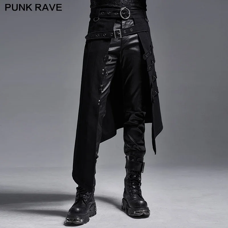 PUNK RAVE Men\'s Punk Japanese-style Asymmetry Long Skirt Halloween Stage Performance Costume Asymmetrical Overskirt