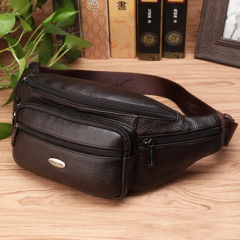 Genuine Leather Men Waist Fanny Pack Bags Sling Chest Pocket Pouch Travel Hiking Male Real Cowhide Loop Hip Belt Bum Bag