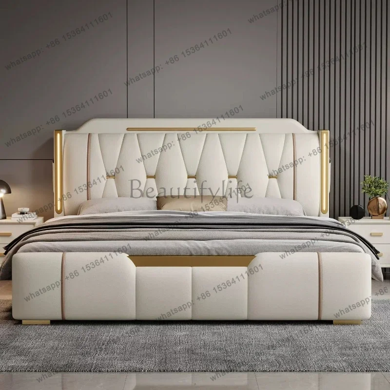 LS200x220cm Headboard King Bed 2 People Queen Size Storage Frame Master Bedroom Furniture Modern Luxury Double Bed Nappa Leather