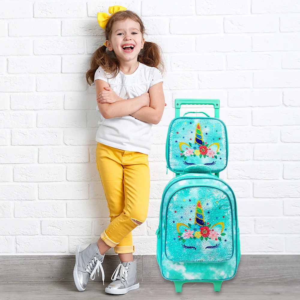 Rolling Backpack for Girls,Kids Unicorn Dinosaur Bookbag with Roller Wheels, Suitcase School Bag Set