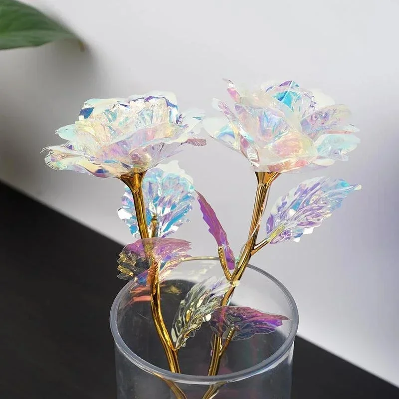 24K Gold Foil Galaxy Rose Flower LED Light Artificial Flowers In Glass Christmas Valentine Wedding  Girls Gift Colorful Lights