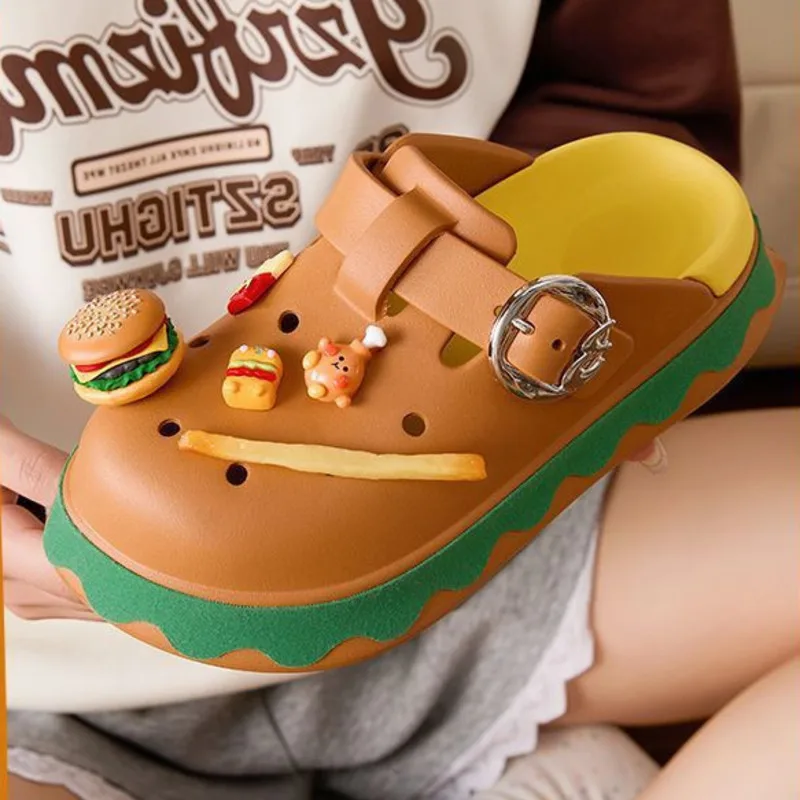 Funny Hamburger Summer Slippers Cute Cartoon Accessories Shoes Waterproof Slippers Cosplay Outdoor Sandals Ankle-Wrap EVA Shoes
