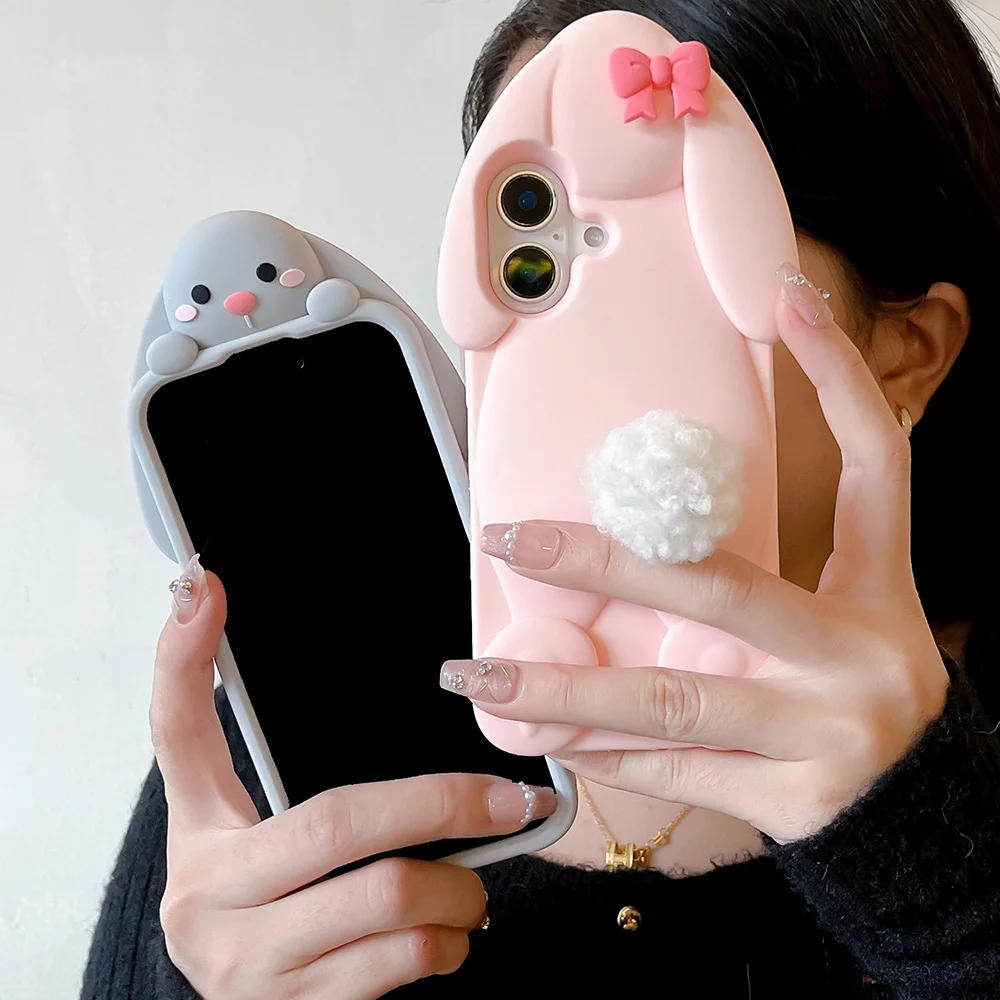 Kawaii 3D Cartoon Benny Rabbit Hülle für iPhone 16 15 14 13 12 Pro Max Weiche Silikonhülle mit Haarballenschwanzhalter – Detail 12