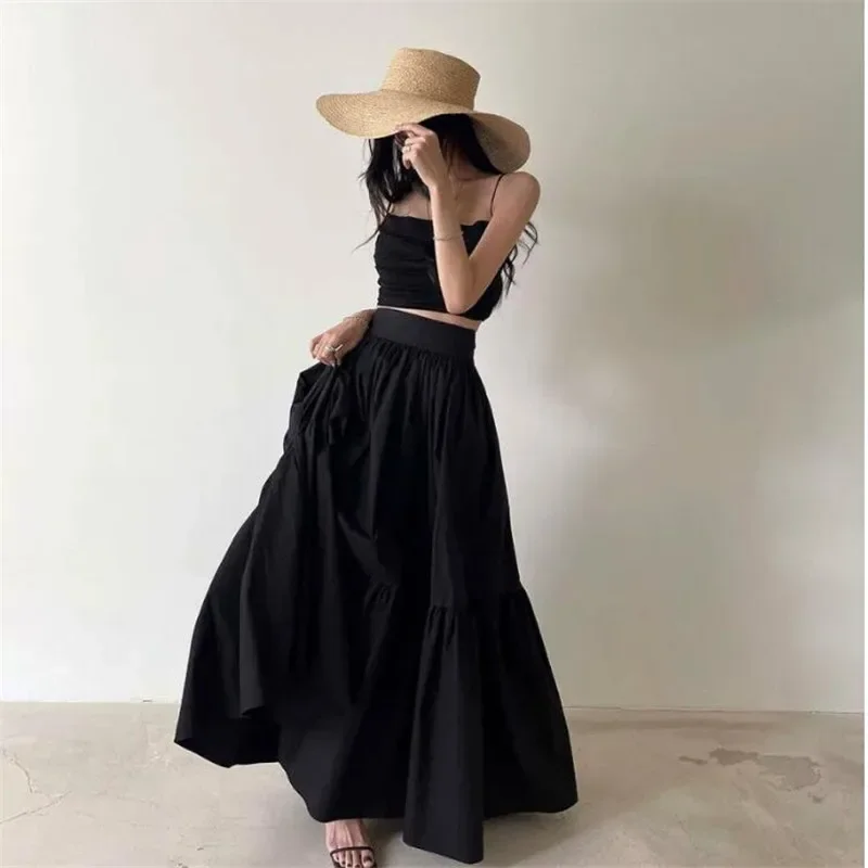 Summer Holiday Fashion Sexy 2 Piece Dress Sets Black Apricot Short Camis Tank Top&High Waist A Line Long Skirt Boho 2pc Suits