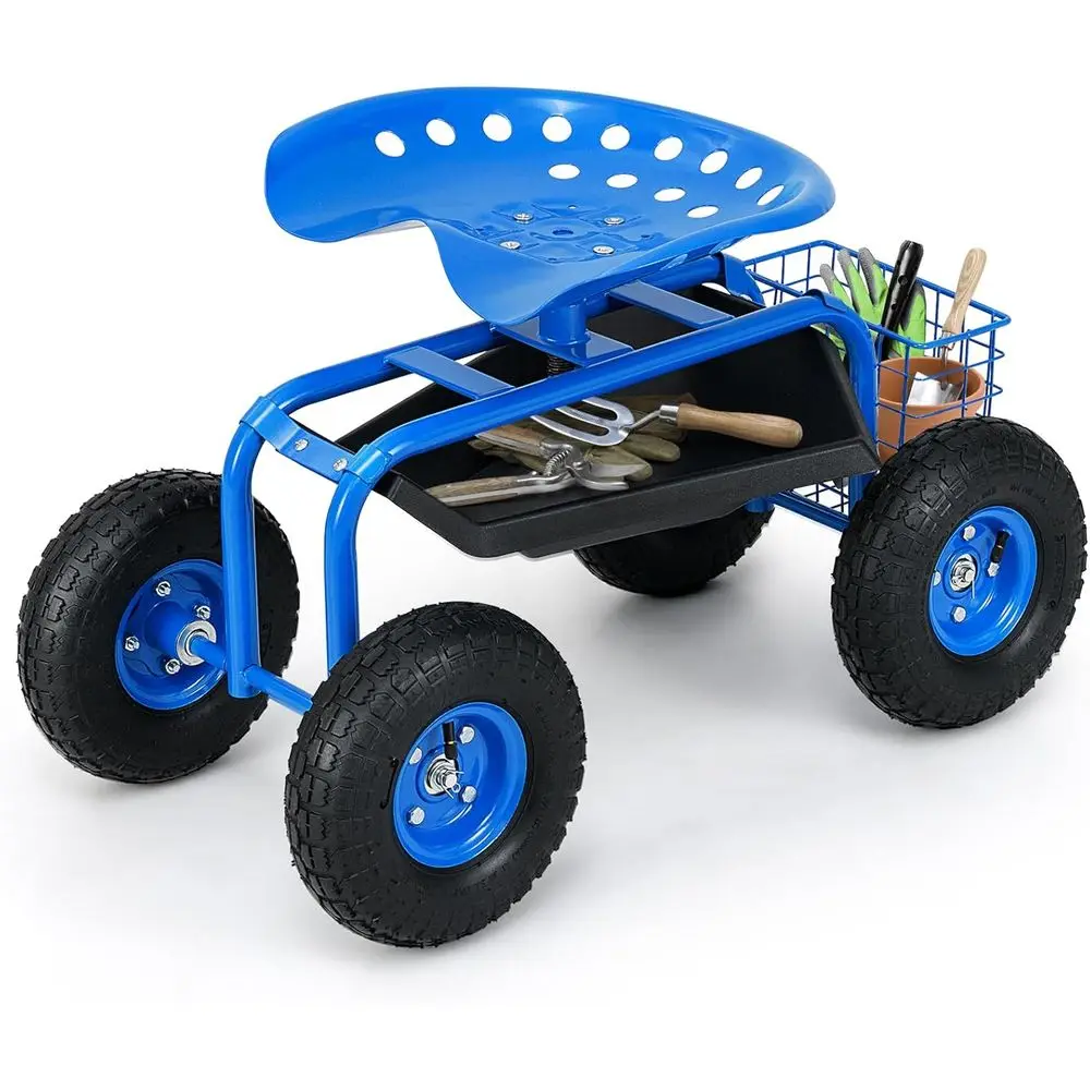 

Blue Swivel Garden Seat with Heavy-Duty Wheels, Tool Tray, and Basket for Outdoor Lawn and Patio Work