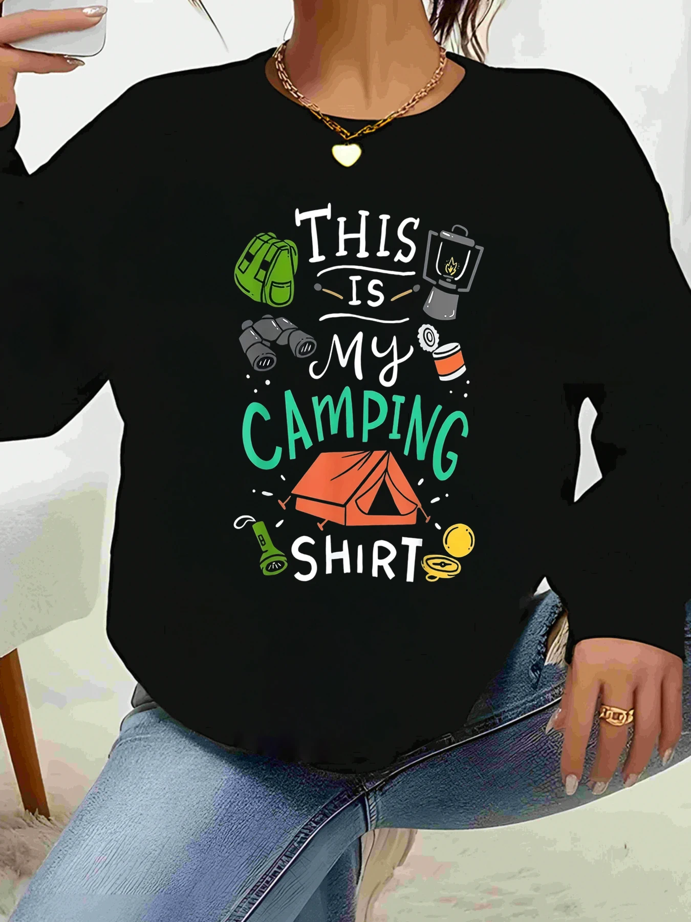 

Camping Theme Print Long Sleeve Shirt Outdoor Adventure Women's Casual Wear