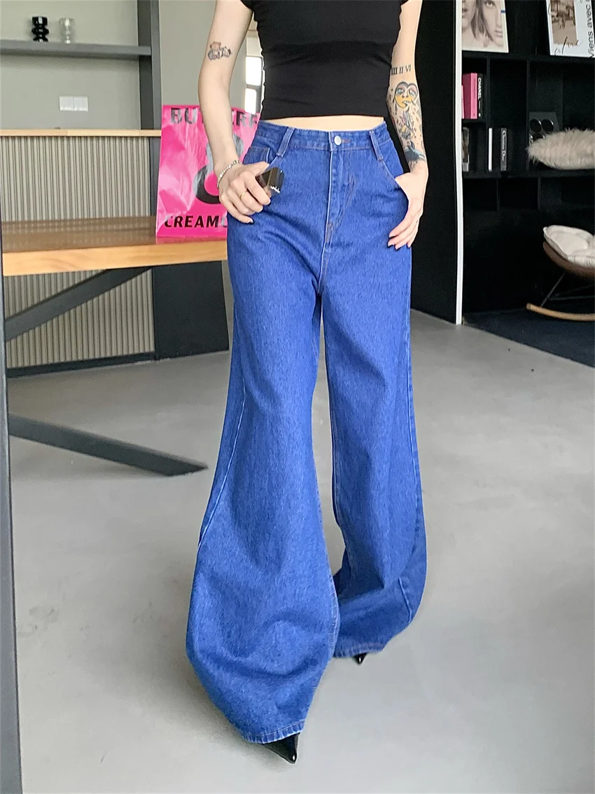 PLAMTEE Blue Jeans Wide-Legged Loose Women Chic Casual 2023 All Match Work Wear Slim Streetwear Denim New Autumn Mopping Pants