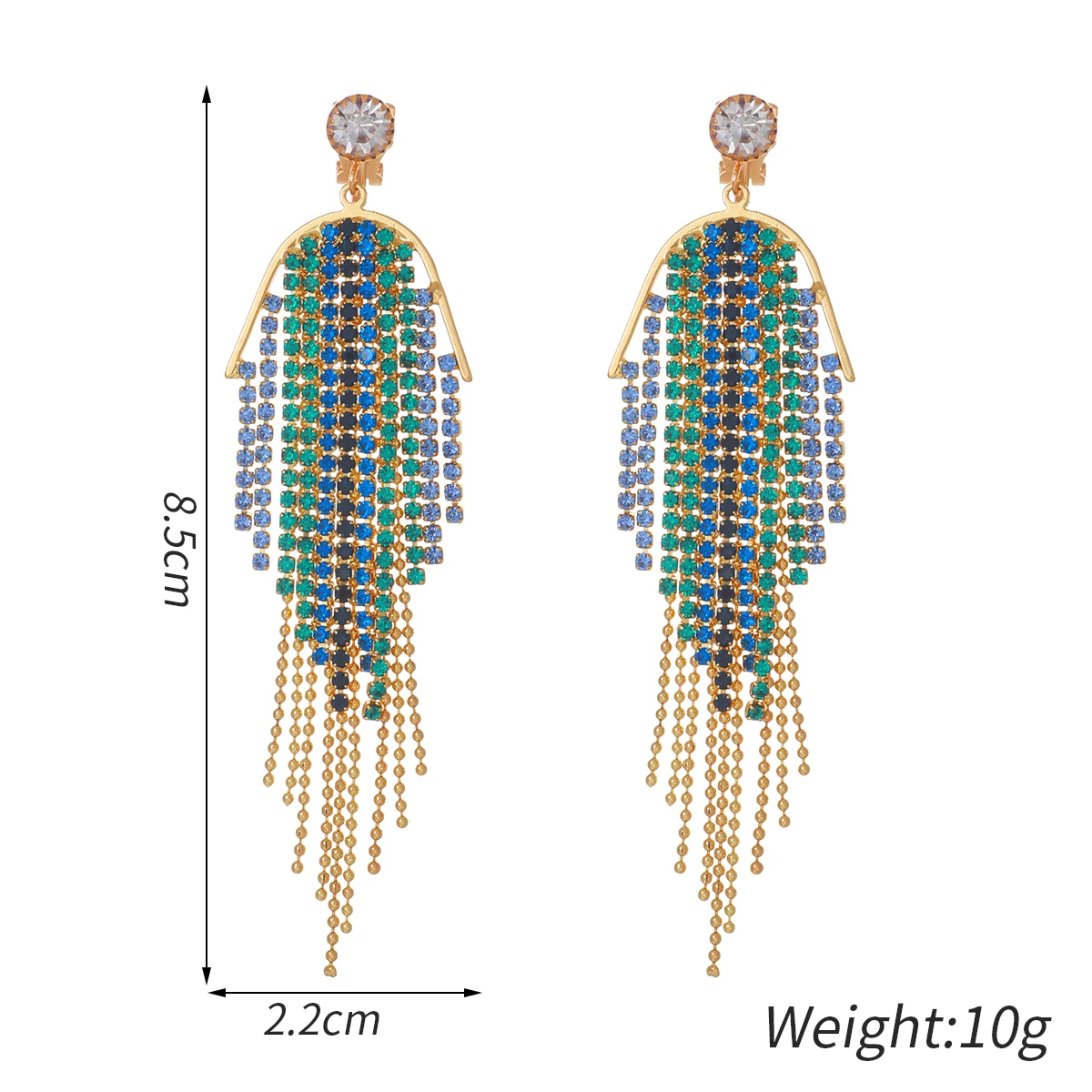 New Exaggerated Rhinestone Tassel Clip Earrings for Women Party Wedding Statement Jewelry Long Non Pierced Earings Gifts