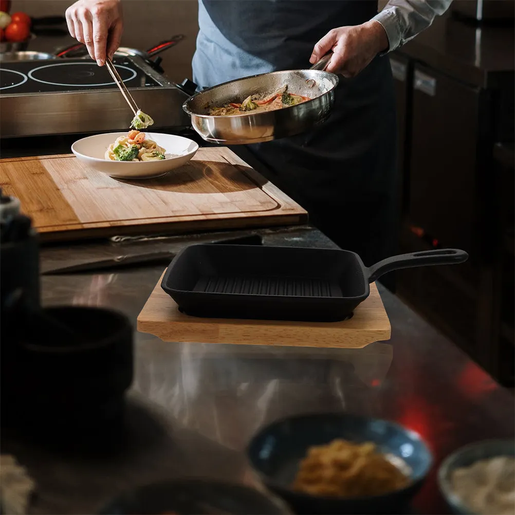 

Набор из 1 квадратной чугунной сковороды с длинной ручкой, антипригарная, черная, с деревянной подставкой, идеально подходит для блинов, омлетов, жареных яиц