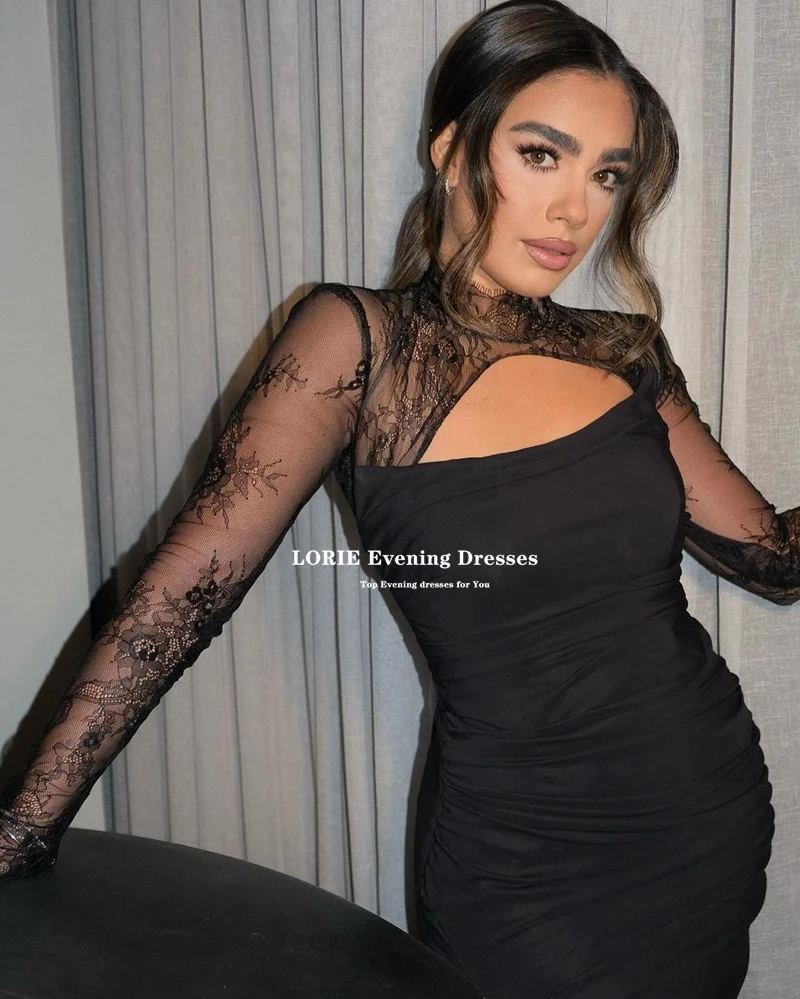 LORIE Long Sleeves Black Evening Dress Mermaid 2024 Lace Sleeves Dubai Prom Formal Party Dresses Custom made High Slit Gowns