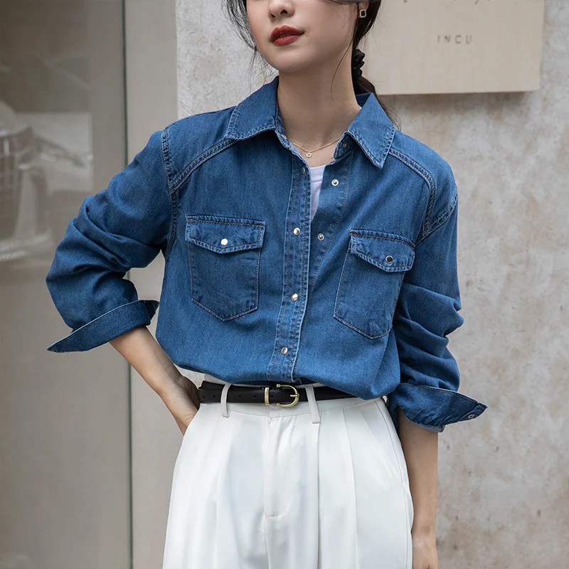 Autumn  Simple  Fashion  Loose Vintage Women  Denim Long Sleeve Shirts Tops  Z132