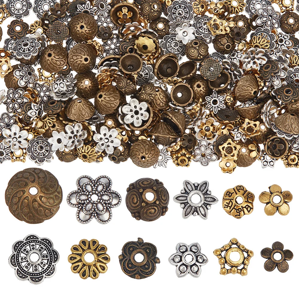 360pcs 12Styles Assorted Bead Caps Bead Caps Metal Alloy Vintage Gold Silver Bronze Hollow Texture Jewelry Loose Spacer Findings