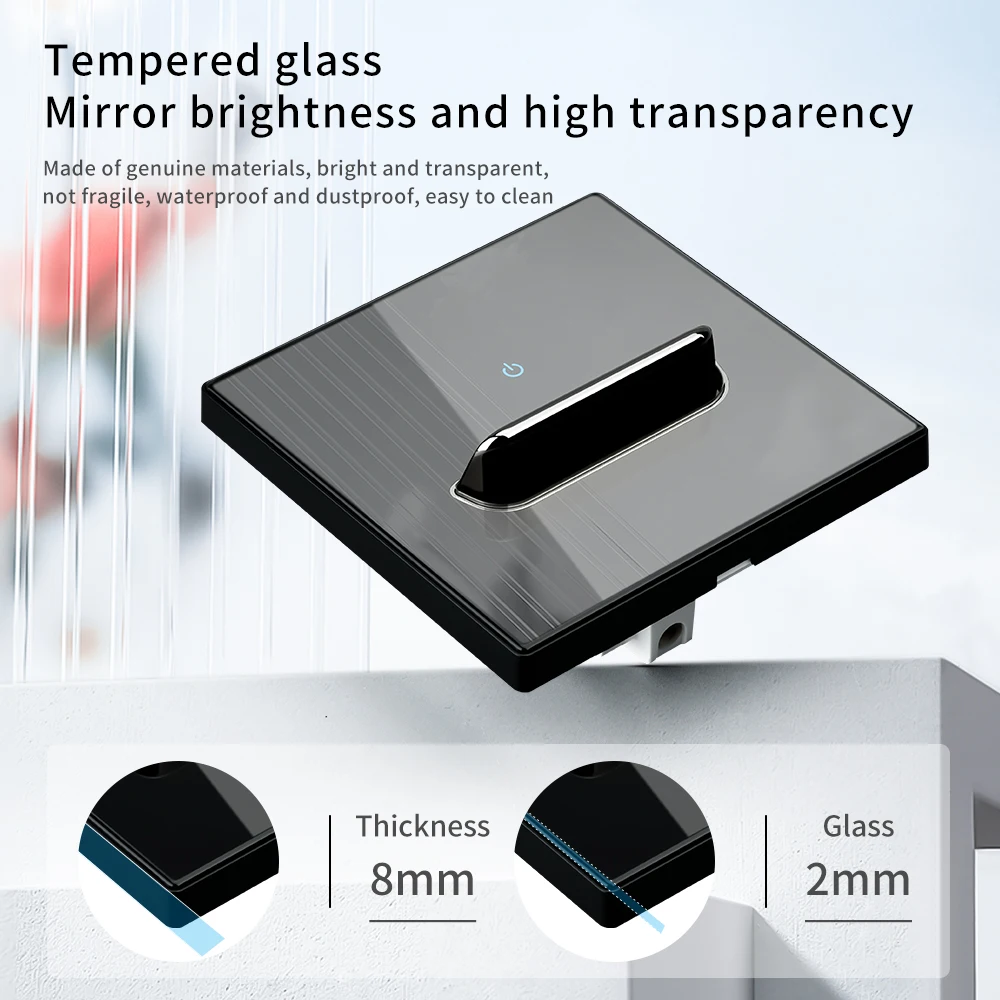 Botão chave de piano interruptor de luz padrão tomada bidirecional plugue USB UE/Reino Unido painel de vidro preto interruptor de parede luz LED UE Reino Unido 16A soc