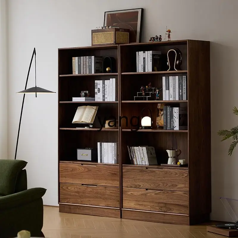 LHH  solid wood bookcase floor-to-ceiling bookshelf black walnut living room home storage display cabinet