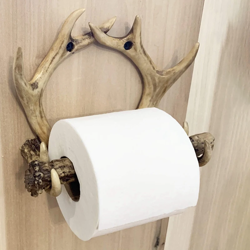 Rustic Deer Antler Wall Mounted Toilet Paper Holder American Country Resin Crafts Paper Towel Rack For Home Decorations