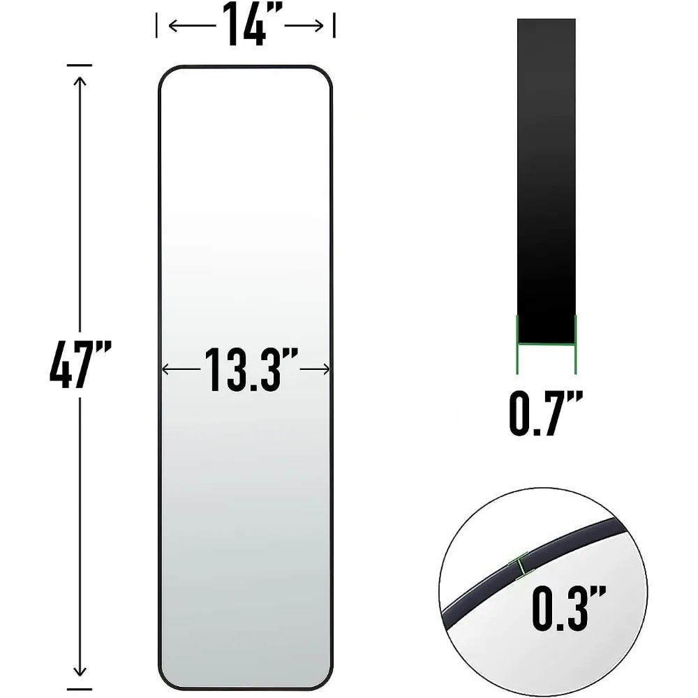 Lustro 47x14 Prostokąt Długość całego ciała Wiszące drzwi Montowane na ścianie Metalowa rama Lustra do makijażu