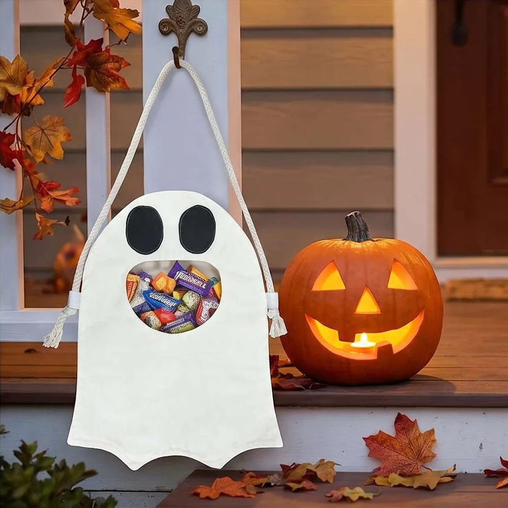 Halloween Ghost Pattern Treat Bag DIY Craft Supply Trick Or Treat Candy Storage Pouch Goodie Bag For Holiday Party Favors