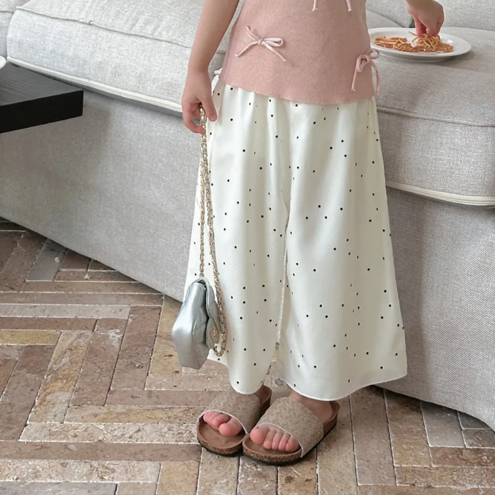 Girls Pants Korea Style 2024 Summer New All Match Solid Color Wave Point Wide Leg Pants Fashion Beautiful Kids Summer Clothes