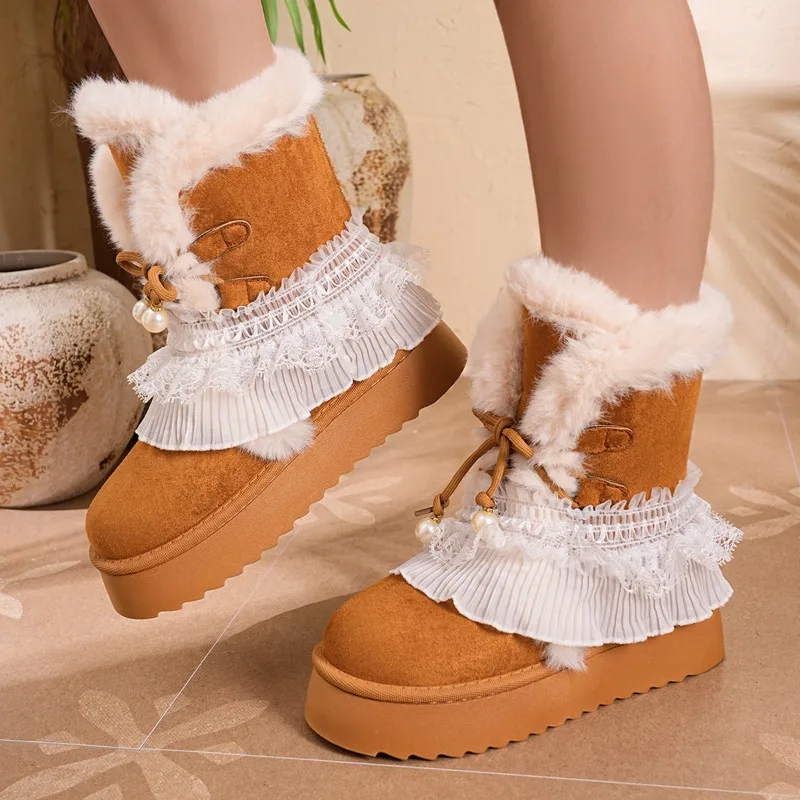Winter New Trend Casual Lace Trim Round Toe Mid Calf Women's Snow Boots 2026 Fashion Lace Up Design Comfortable Warm Women Shoes