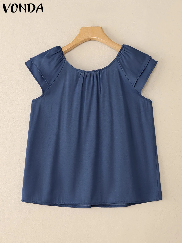 VONDA Plus Size Blouse Women Summer Denim Shirts Ruffled Big Size Blouse Short Sleeve Tunic Tops Casual Loose Solid Color Blusas