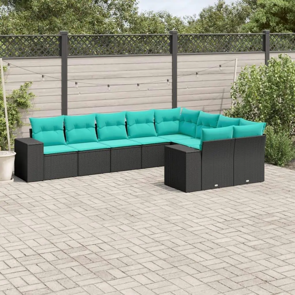 9-Piece Black Poly Rattan Patio Sofa Set with Cushions - Stylish Outdoor Furniture