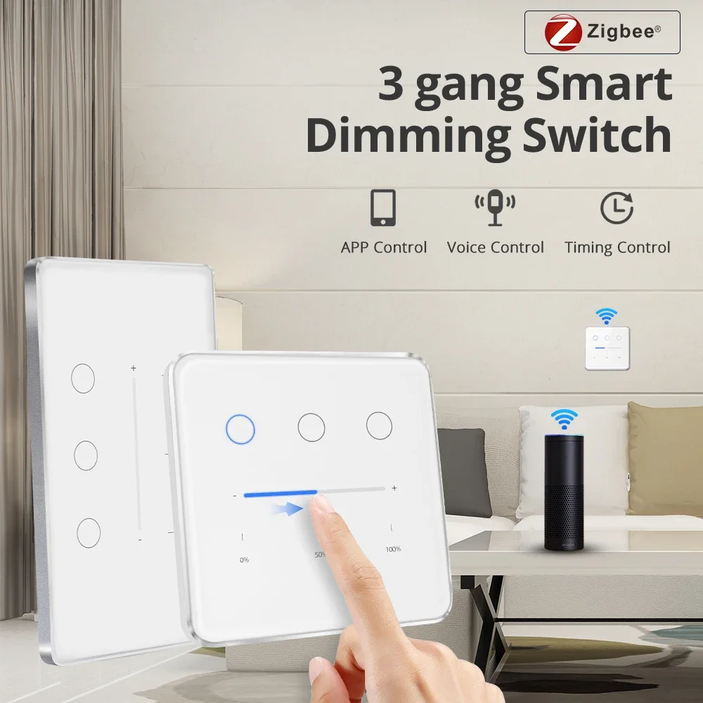 Zigbee Dimmer Switch 3 Gang Smart Wall Light Switch Touch Panel Percentage Adjust Brightness Works with Tuya Alexa Google Home