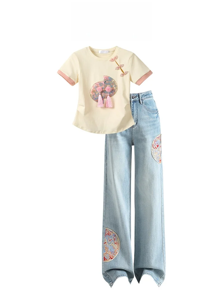 

New plus Size Embroidered ort Sve Women's Top Light Blue Denim Jeans Design Sensation National Trend Summer Faion Set