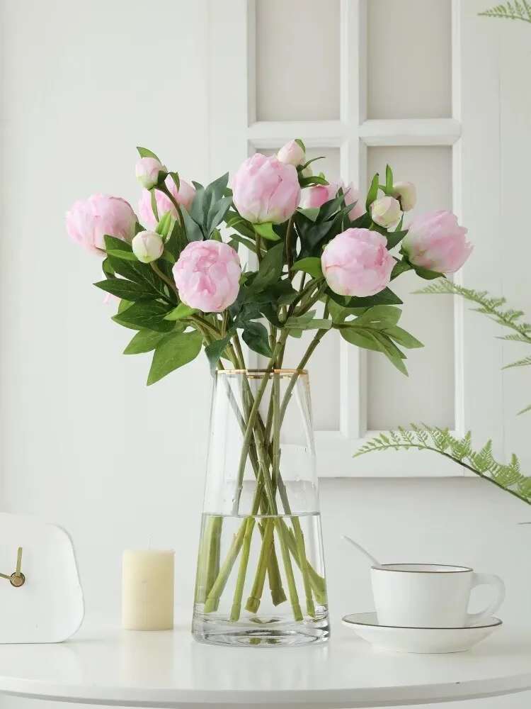 Chinese Peony with Bud Bunch, (9PCS/Set) Silk Petals, Rose, Pink, Wedding, Office, Table Decoration, No Vase, 47cm