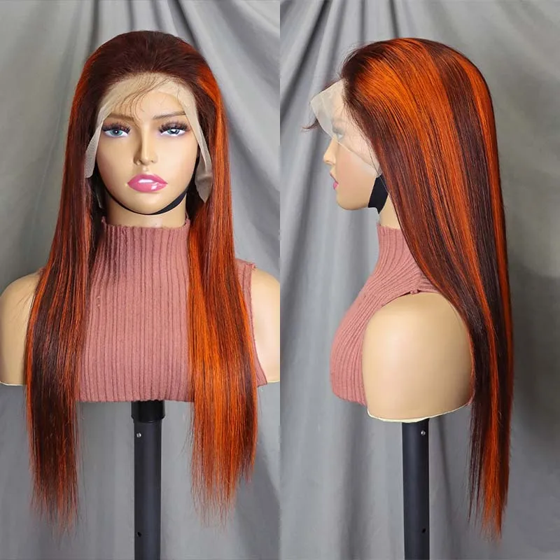 Ginger Orange Highlight Stripe Full Frontal Lace Wigs Brazilian Remy Hair Silky Straight Lace Front Wig Pre Plucked