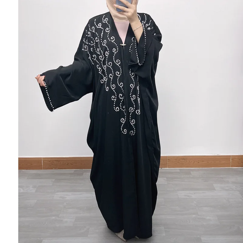 

Fashion Elegant Embroidery Dubai Abaya Dress Long Sleeve Loose Fit Plus Size Robe with Floral Pearl Embellishment