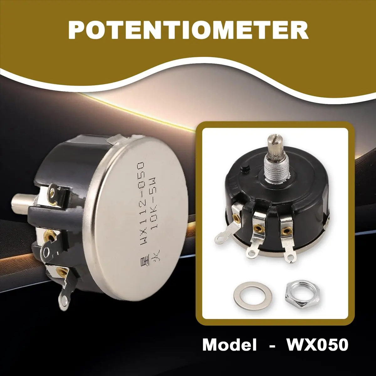 A40I WX050 10K ohm 5W 6mm Round Shaft Rotary Wire Wound Potentiometer Black+Silver
