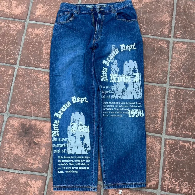 

Джинсы в стиле гранж с эффектом потертости, с графическим принтом в готическом стиле, свободного кроя, винтажные, 1996 год, повседневная уличная мода, нижняя одежда