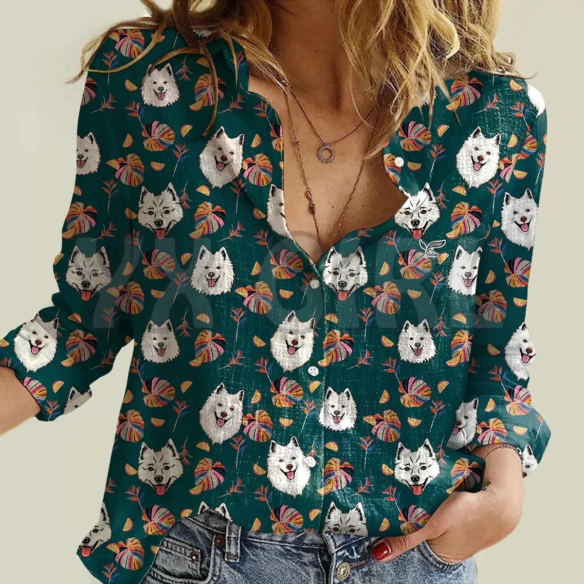 

YX GIRL Summer Time American Eskimo Women's Long-Sleeve Shirt 3D Printed Button-down Shirt Casual Unique Streewear